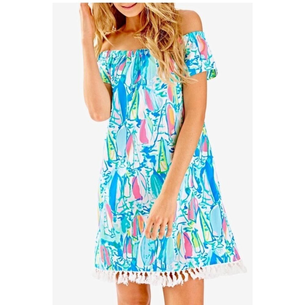Lilly Pulitzer Marble Beach And Bae Sailboat Blue Cotton Fringe Mini Dress XS